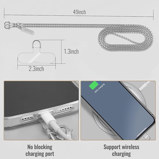 MOUTAKEY Metal Cell Phone chain Crossbody Phone lanyard with 2 Tether Tabs Detachable iPhone Chain Crossbody Strap,Non-rusting,Solid,iPhone Lanyard for Women Girls Travel Shopping Party Camping