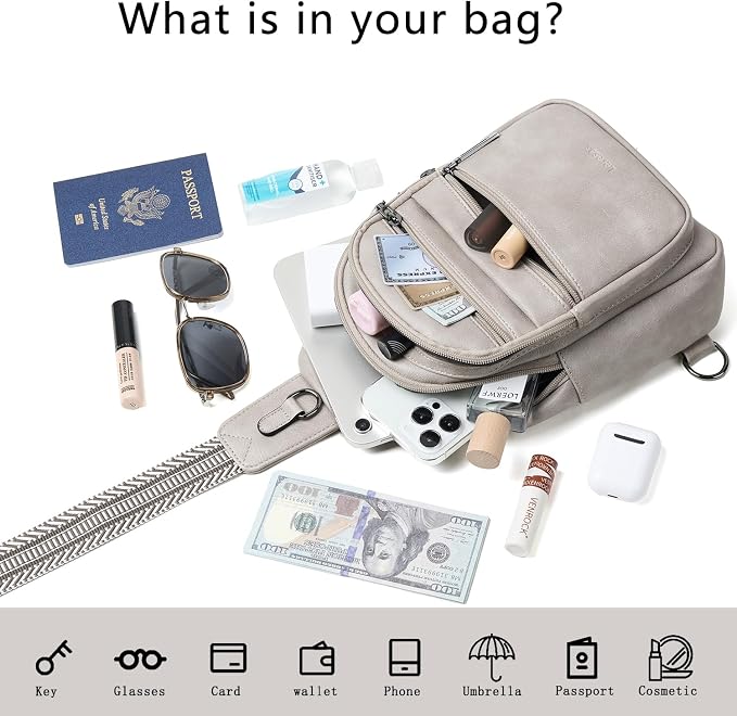 Leresas Sling Bag for Women Crossbody Bags Fanny Packs Sling Purse Backpack Shoulder Bag Vegan Leather Chic Gifts Travel Handbag Light Grey
