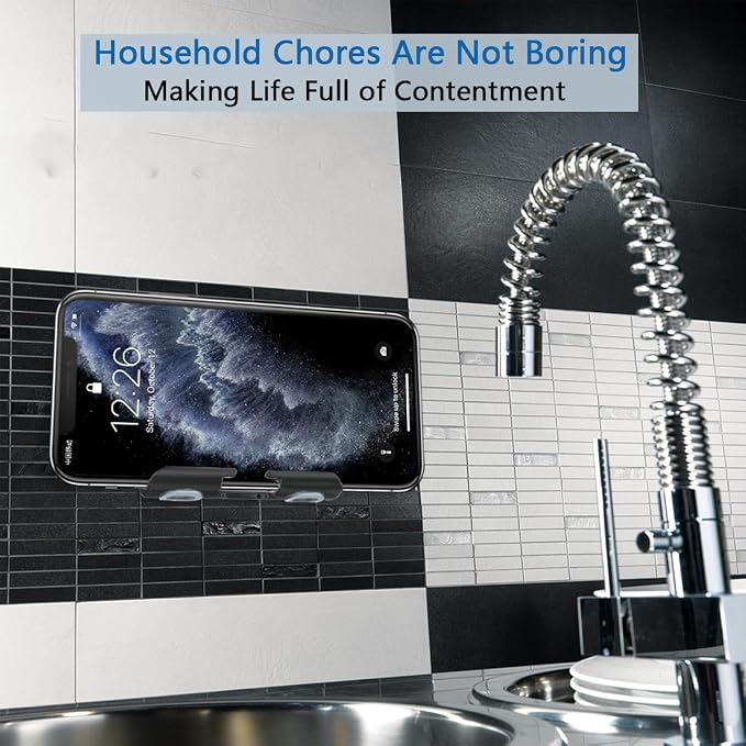 Shower Phone Holder with 2PCS Adhesive Stickers,Aluminum Alloy Wall Mount Phone Stand for Bathroom,Kitchen,Office and More,Compatible with Smartphone(Black-Gray) e(Black-Gray)