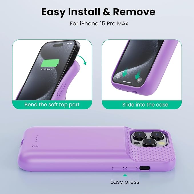 Battery Case for iPhone 15Pro Max, Upgrade 8600mah Portable Slim Battery Charging Case, 15W Fast Charging Rechargeable Protective Extended Charger Cover for iPhone 15 Pro Max (6.7 inch)-Purple