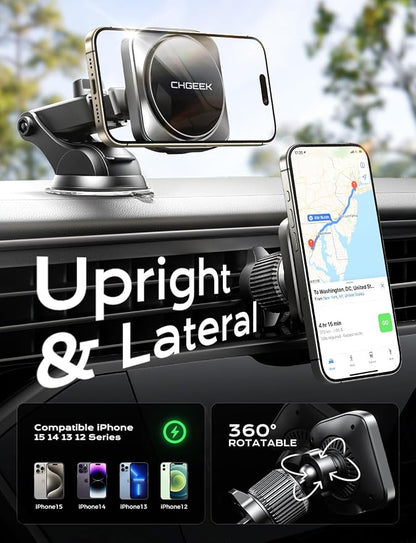 CHGeek for 15W Magsafe Car Mount Charger, Wireless Car Charger Magnetic Car Phone Holder Mount Fit iPhone 16 15 14 13 12 Magsafe Case, Vent/Windshield/Dash Phone Mount Holder Fast Cooling Charger