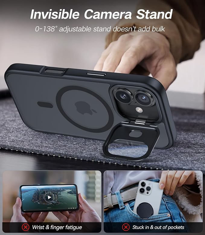 [Upgraded] for iPhone 16 Case with Camera Cover Stand [Fit for MagSafe][9H Camera Lens Protector] Mil-Grade Protection Translucent Matte Silicone Magnetic iPhone 16 Phone Case, Black