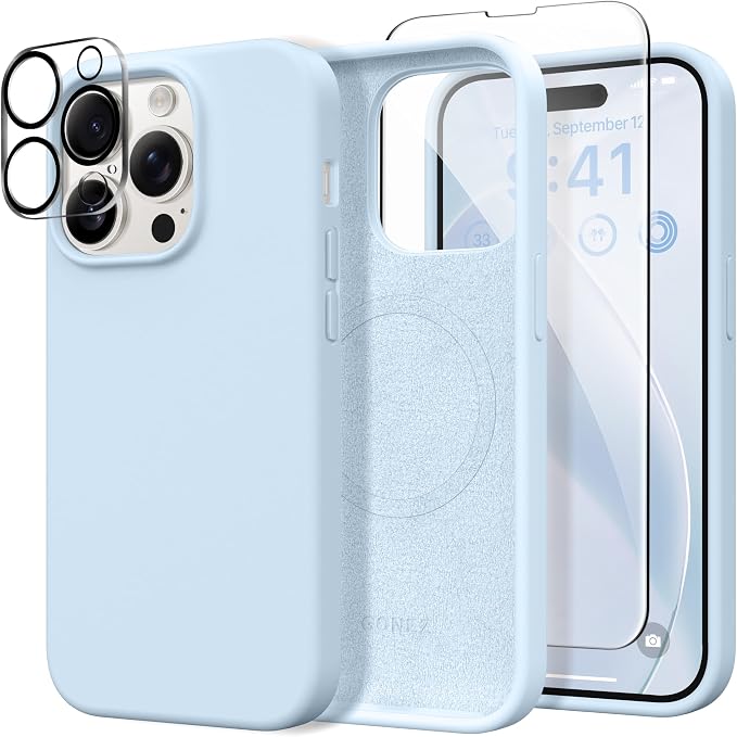 GONEZ for iPhone 14 Pro Max Case Silicone, Compatible with MagSafe, with Screen Protector + Camera Lens Protector, Liquid Silicone Shockproof Protective Phone 14 ProMax Case 6.7", Blue