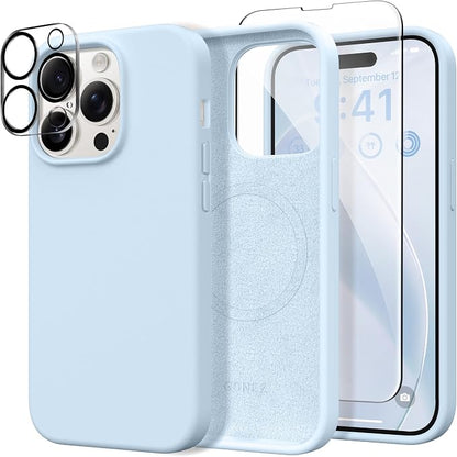 GONEZ for iPhone 14 Pro Max Case Silicone, Compatible with MagSafe, with Screen Protector + Camera Lens Protector, Liquid Silicone Shockproof Protective Phone 14 ProMax Case 6.7", Blue
