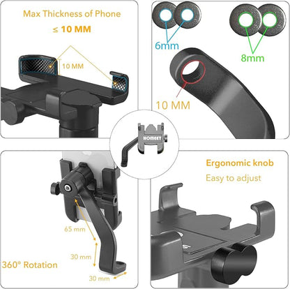 Motorcycle Phone Mount for Rearview Mirror, Metal Motorbike Phone Holder Smartphone Holder Mount 360° Rotation Adjustable, Universal for 6mm-10mm Diameter Scooter Motorcycle Mirror