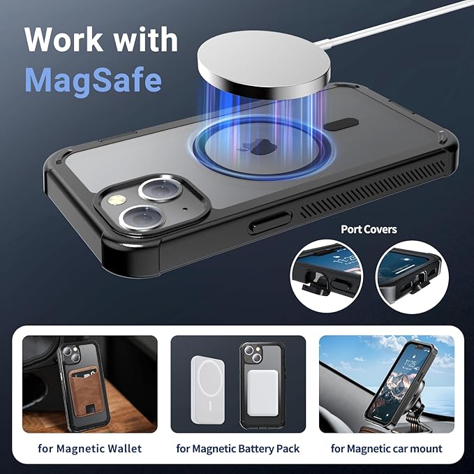 jaroco Magnetic for iPhone 13 Case, [Compatible with MagSafe][Military Grade Drop Protection][Heavy Duty Protection][Non-Slip][Shockproof] 2-Layer Durable Bumper Phone Case 6.1''-Black