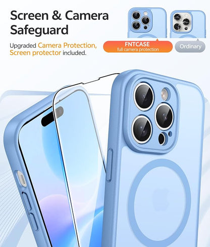 FNTCASE for iPhone 14 Pro Max Case: [Compatible with Magsafe] Translucent Matte Cases with [Full Camera Protection] [Screen Protector] Military Grade Shockproof Protective Phone Cover - Light Blue