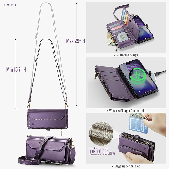 Strapurs Wallet Case Compatible with iPhone 17 Pro Max 6.9" RFID Blocking 10-Card Holder Soft PU Leather Magnetic Snap Shoulder Strap Zipper Pocket Phone Case Fit for iPhone 17 Pro Max - Purple