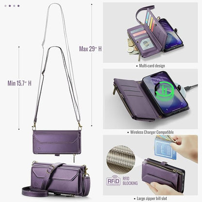 Strapurs Wallet Case Compatible with iPhone 17 Pro Max 6.9" RFID Blocking 10-Card Holder Soft PU Leather Magnetic Snap Shoulder Strap Zipper Pocket Phone Case Fit for iPhone 17 Pro Max - Purple