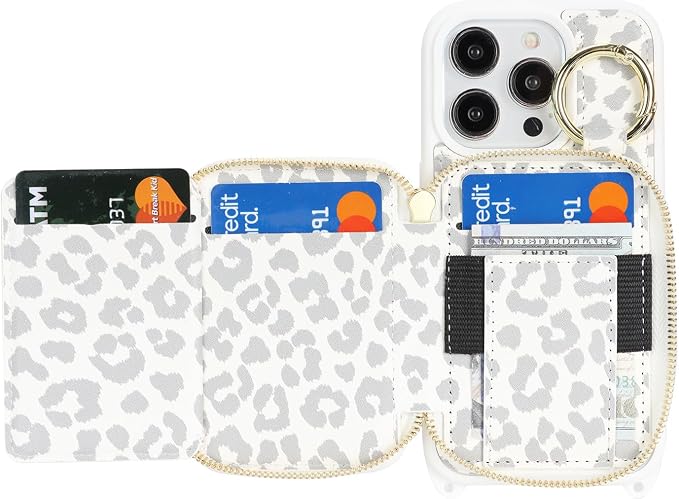 Crossbody Wallet Case for iPhone 14 Pro, PU Leather Zipper Handbag Purse Flip Cover, Kickstand Folio Case with Card Slots Holder Wrist Strap Lanyard 5G 6.1 Inch-White Leopard