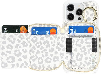 Crossbody Wallet Case for iPhone 14 Pro, PU Leather Zipper Handbag Purse Flip Cover, Kickstand Folio Case with Card Slots Holder Wrist Strap Lanyard 5G 6.1 Inch-White Leopard