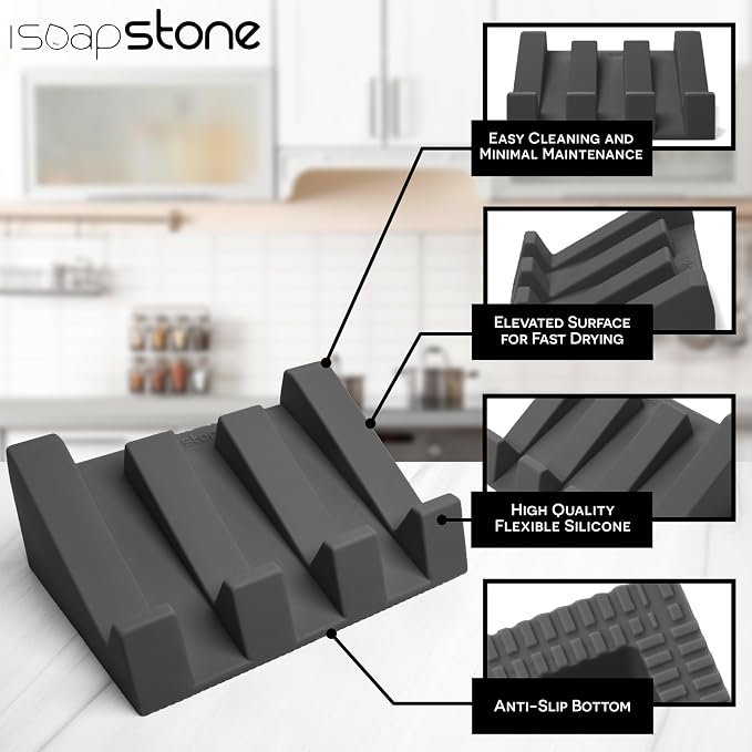 Silicone Soap Dish (USA Patented) Self Draining Bar Soap Holder for Shower Bathroom Sink, Drying Soap Dish Tray Kitchen Sponge Holder Easy Cleaning Soap Saver Mat (Dark Grey, 1)