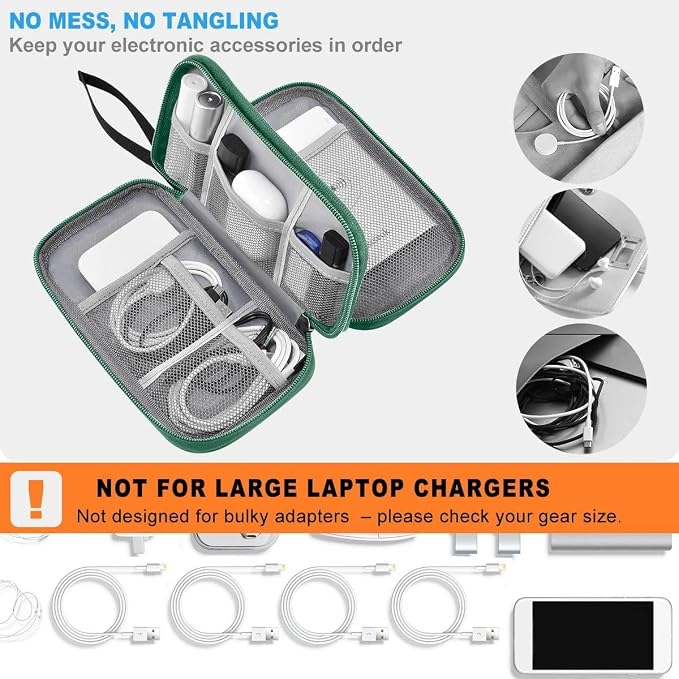 ZINMARK Portable Cable Organizer Case,Travel Pouch with Double-Layer Storage for Cables,Chargers,Earbuds & Phone,Black Green– Small Size