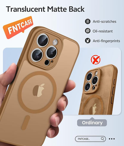 FNTCASE for iPhone 15 Pro Max Case: [Compatible with Magsafe] Translucent Matte Cases with [Full Camera Protection] [Screen Protector] Military Grade Shockproof Protective Phone Cover - Brown