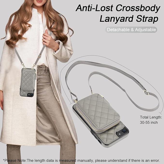 Bocasal Crossbody Wallet Case for iPhone SE 2022/SE 2020/8/7, RFID Blocking PU Leather Zipper Handbag Purse Flip Cover, Kickstand Folio Case with Card Slots Holder Wrist Strap Lanyard 4.7 Inch (Grey)