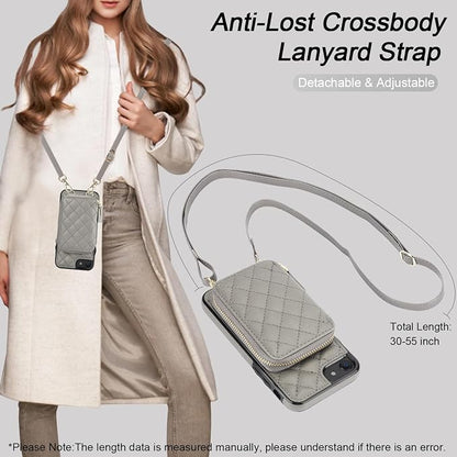 Bocasal Crossbody Wallet Case for iPhone SE 2022/SE 2020/8/7, RFID Blocking PU Leather Zipper Handbag Purse Flip Cover, Kickstand Folio Case with Card Slots Holder Wrist Strap Lanyard 4.7 Inch (Grey)