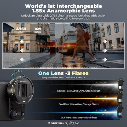 Freewell 1.55x Anamorphic Lens for iPhone & Samsung - 3-in-1 Streak (Neutral, Gold, Blue) - Cinematic Smartphone Lens with Oval Bokeh - Compatible with 17mm Mount Case & Cage