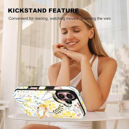 HAOPINSH for iPhone 16 Wallet Case with Card Holder, 360°Rotation Ring Kickstand, Floral Flower Pattern, RFID Blocking Leather for Girls Women, Double Buttons Protective Cover 6.1"