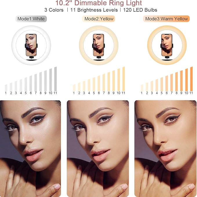 10" Desktop Selfie Ring Light with Stand and Phone Holder for iPhone Android, 3 Light Modes Dimmable LED Ringlight for YouTube/Video Shooting/Streaming/Makeup with Remote Shutter