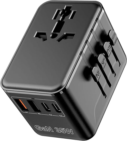 Universal Travel Adapter - 35W International Power Adapter with Fuse Auto-Resetting, USB-C PD Fast Charging Worldwide Plug Adaptor for USA to European UK AUS India, Type C/G/D/I/A, Black