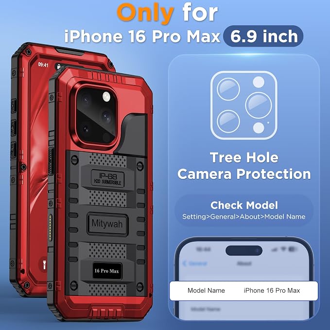 Mitywah Waterproof Case for iPhone 16 Pro Max, Heavy Duty Metal Cover with Built-in Screen Protector, Military Grade Full Body Shockproof Rugged Protective Phone Case 6.9 inch, Red