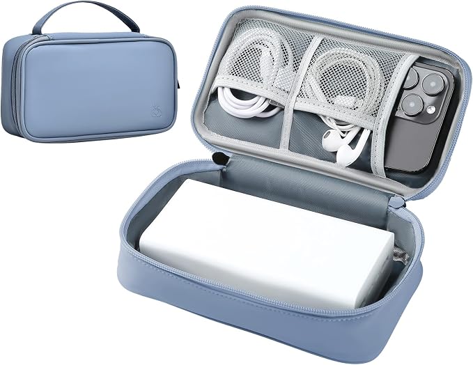 Portable Charger Organizer Travel Case Shockproof Power Bank Bag for Anker/Jackery/RAV/20000/30000mAh Power Bank Leather Electronic Case for PowerCore (Gray&Blue, Single Layer-Large)