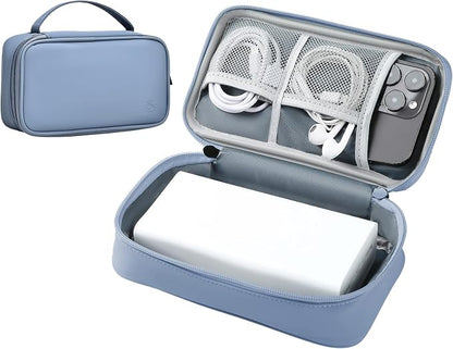 Portable Charger Organizer Travel Case Shockproof Power Bank Bag for Anker/Jackery/RAV/20000/30000mAh Power Bank Leather Electronic Case for PowerCore (Gray&Blue, Single Layer-Large)