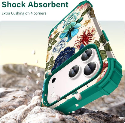 Hocase for iPhone 17 Pro Max Case, Heavy Duty Shockproof Protection Soft Silicone Rubber+Hard Plastic Bumpers Hybrid Protective Case for iPhone 17 Pro Max 2025 - Teal Flowers