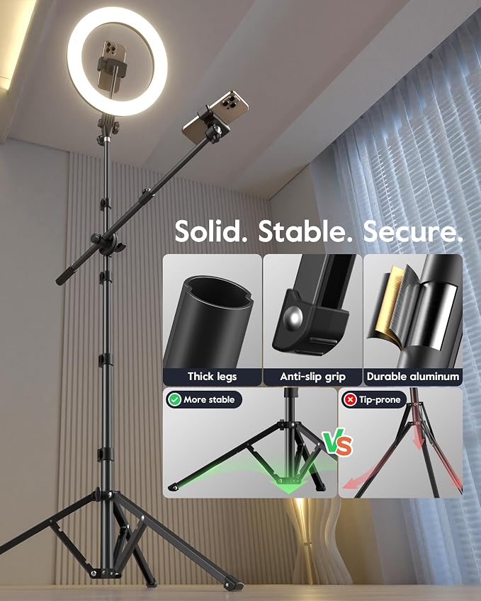 Tripod for iPhone with Light & Phone Holder - 10.5'' Ring Light with Stand - Second Arm with Overhead Phone Mount, Fast-Adjust Bamboo-Flex Stand & Remote for Content Creators, Video Recording