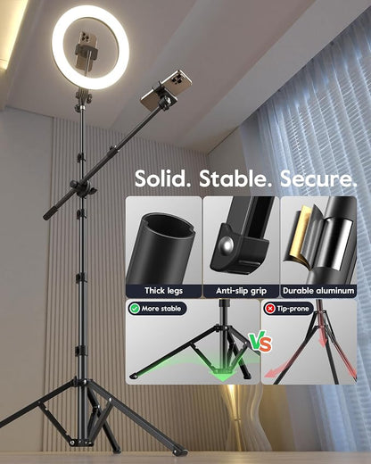 Tripod for iPhone with Light & Phone Holder - 10.5'' Ring Light with Stand - Second Arm with Overhead Phone Mount, Fast-Adjust Bamboo-Flex Stand & Remote for Content Creators, Video Recording