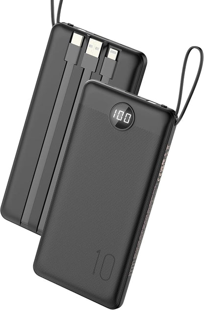 VEEKTOMX Portable Charger Built-in Cables, 10000mAh Power Bank for iPhone, Fast Charge USB C Battery Pack Travel Essentials Powerbank Compatible with iPhone 17/16/15/14, Samsung S25/24, Android, etc