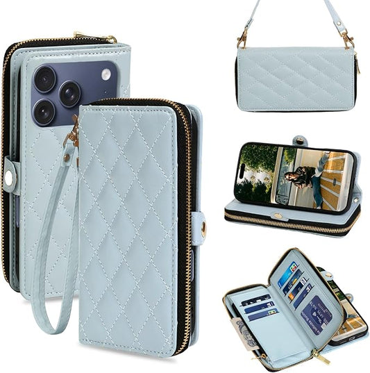 Rssviss Crossbody Case for iPhone 17 Pro Max Case Wallet, RFID Blocking Leather with Card Holder Kickstand, Handbag Zipper Flip Cover with Wrist Strap for iPhone 17 Pro Max Men Women 6.9", Blue