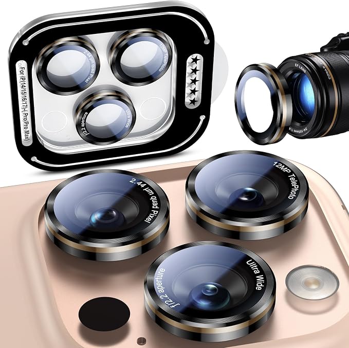 Uyiton for iPhone 17/16/15/14 (Pro Max & Pro) Camera Lens Protector - [Case-Friendly][Ultra-Thin] Military-Grade Tempered Glass Metal Camera Cover, Easy to Install, Black+Gold
