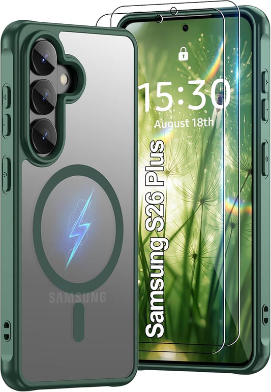 Pilaru for Samsung Galaxy S26 Plus Case [Compatible with Magsafe] Translucent Matte Magnetic Phone Case,Slim Thin Duty Shockproof Protection Cover with 2pc HD Screen Protector for S26 Plus-Green