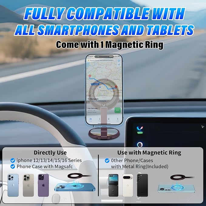Phone Stand for Magsafe with Mirror [2-sided 4200gf Strongest Magnetic] 300° Folding Portable Phone Ring Holder Grip for Desk, Phone Holders for Your Car Accessories for iphone/Android/Tablets