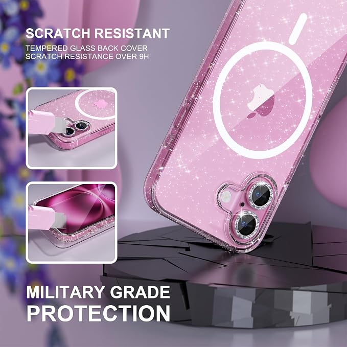 Choiche for iPhone 16 Plus Case Magnetic, Women Clear Glitter Bling Sparkly Case, [2xDiamond Camera Lens Protectors] [2xTempered Glass Screen Protectors] [Compatible MagSafe] 6.7" (Glitter Clear) | Women, Bling, Sparkly, Compatible MagSafe