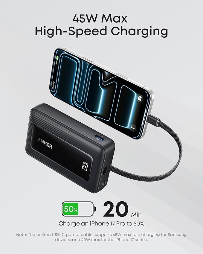 Anker Zolo Power Bank, 20,000mAh 45W Max Fast Portable Charger with Built-in USB-C Cable, USB C&A, 40W Battery Pack for iPhone 17 Series, MacBook, Samsung, and More (Charger Not Included)