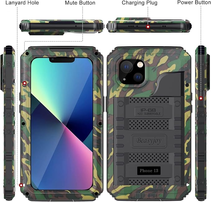Beasyjoy for iPhone 13 Case Waterproof, Metal Phone Case with Built-in Screen Protector, Heavy Duty Full Body Protective Military Grade Shockproof Rugged Defender Cover 6.1 Inch, Camo