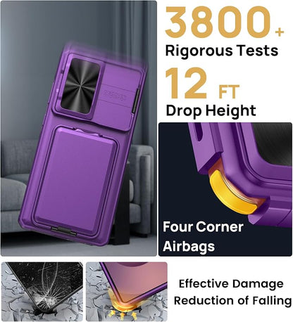 SSLOTSCASE for Samsung Galaxy S25 Ultra Case with 2X Screen Protector, Card Holder & Lens Cover & Hidden Kickstand, Silicone Edge Durable Protective Wallet Cover for Galaxy S25 Ultra, Dark Purple