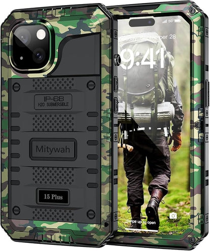 Mitywah Waterproof Case for iPhone 15 Plus, Heavy Duty Shockproof Case with Built-in Screen Protector, Full Body Underwater Protective Metal Case 6.1 inch, Camouflage