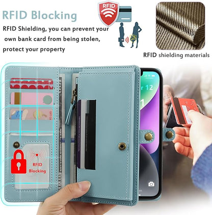 for Wallet Case Compatible with iPhone 15,Multi-Function Detachable 2 in 1 Magnetic iPhone 15 Case Wallet,Flip Strap Zipper Card Holder Phone Case with Shoulder Straps (Blue)