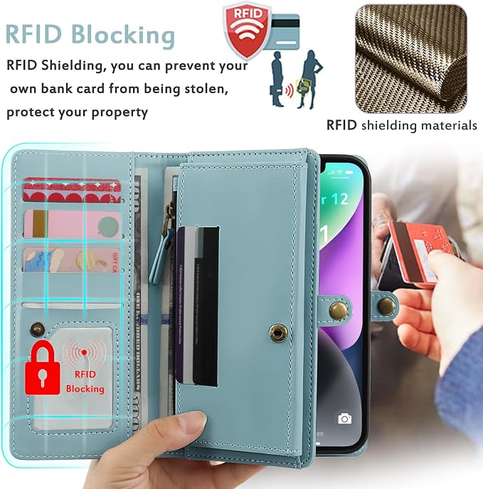 for Wallet Case Compatible with iPhone 14,Multi-Function Detachable 2 in 1 Magnetic iPhone 14 Case Wallet,Flip Strap Zipper Card Holder Phone Case with Shoulder Straps (Blue)