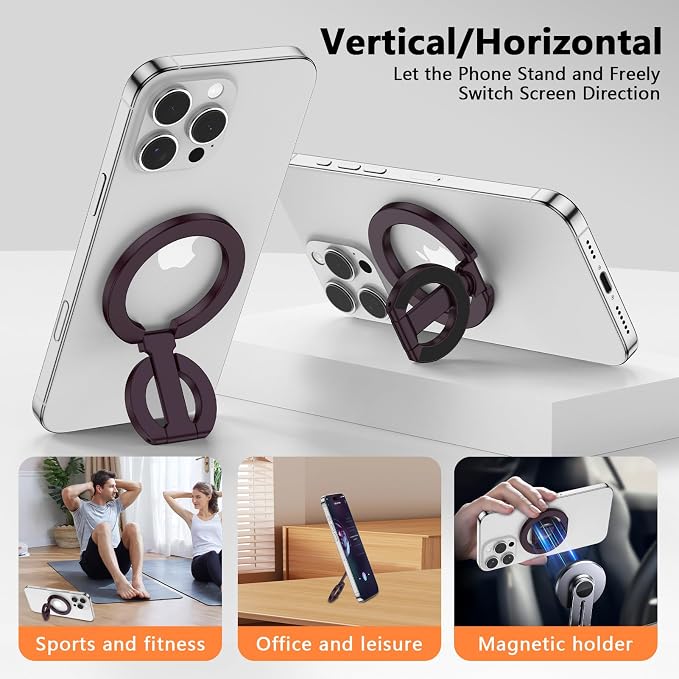 Magnetic Phone Ring Stand for MagSafe Dual-Side Magnetics Phone Grip Holder Gym Adjustable Kickstand Finger Ring Grip for iPhone 17/16/15/14/13/12 Series MagSafe Case, Compatible Magnetic Car Mount
