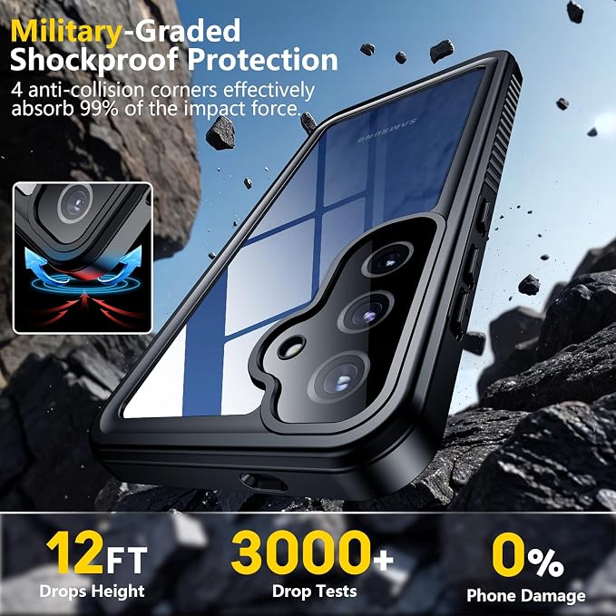 SPIDERCASE Upgraded for Samsung Galaxy S25 Plus Case Waterproof,Built-in Screen & Camera Lens Protector[IP68 Underwater] [Military Grade Shockproof] Full Body Protection Phone Case,Black/Clear