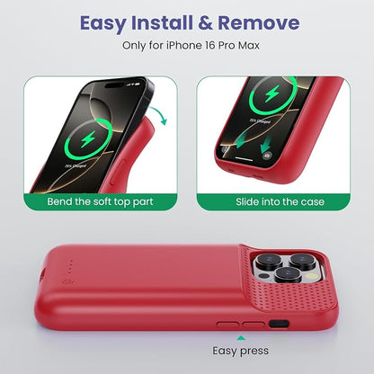 Battery Case for iPhone 16 Pro Max, Upgraded 8600mAh Portable Charging Case, Ultra-Slim Lightweight Powerful Extended Battery Pack for iPhone 16 Pro Max (6.9 inch)-Red