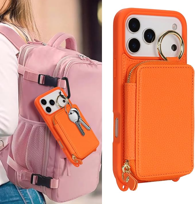 Crossbody Wallet Case for iPhone 17 Pro Max, PU Leather Zipper Handbag Purse Flip Cover, Kickstand Folio Case with Card Slots Holder Wrist Strap Lanyard 5G 6.9 Inch-Orange