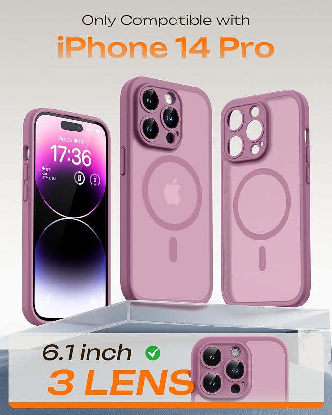 TOCOL for Phone 14 Pro Case, Compatible with Magsafe Charger, Full Camera Protection, Drop Protection, Translucent Matte Phone Case for iPhone 14 Pro 6.1 inch (Lilac Purple)