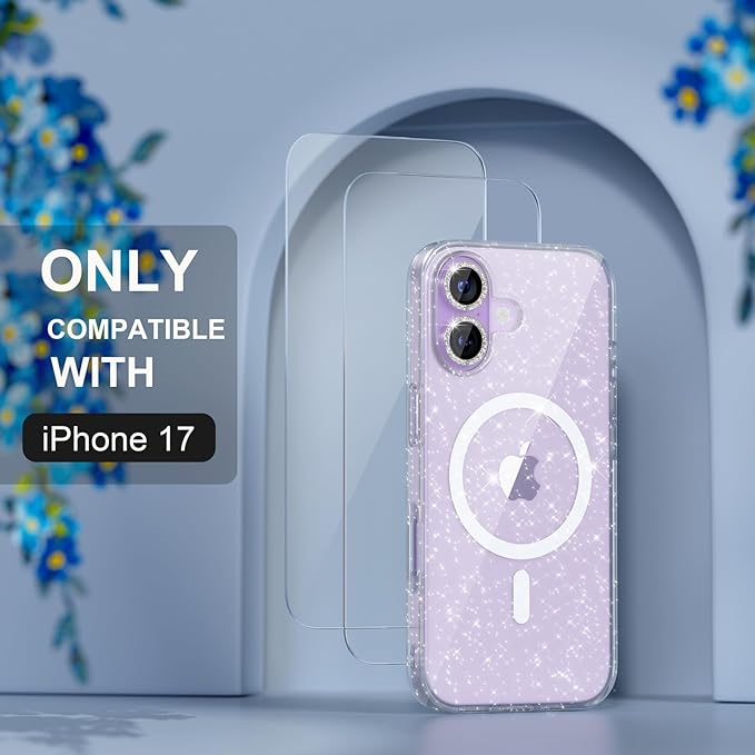 Choiche Magnetic for iPhone 17 Case Compatible with MagSafe, Women Cute Glitter Sparkly Phone Case with Diamond Camera Lens Protectors, Military-Grade Drop Protection 6.3" (Clear)
