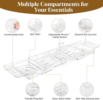 Expandable Clear Acrylic Bathtub Tray Caddy, Foldable Tub Bath Tray with Drain Slots, Slip-Resistant Waterproof Bathroom Shelf Caddy & Home Spa Gift for Women