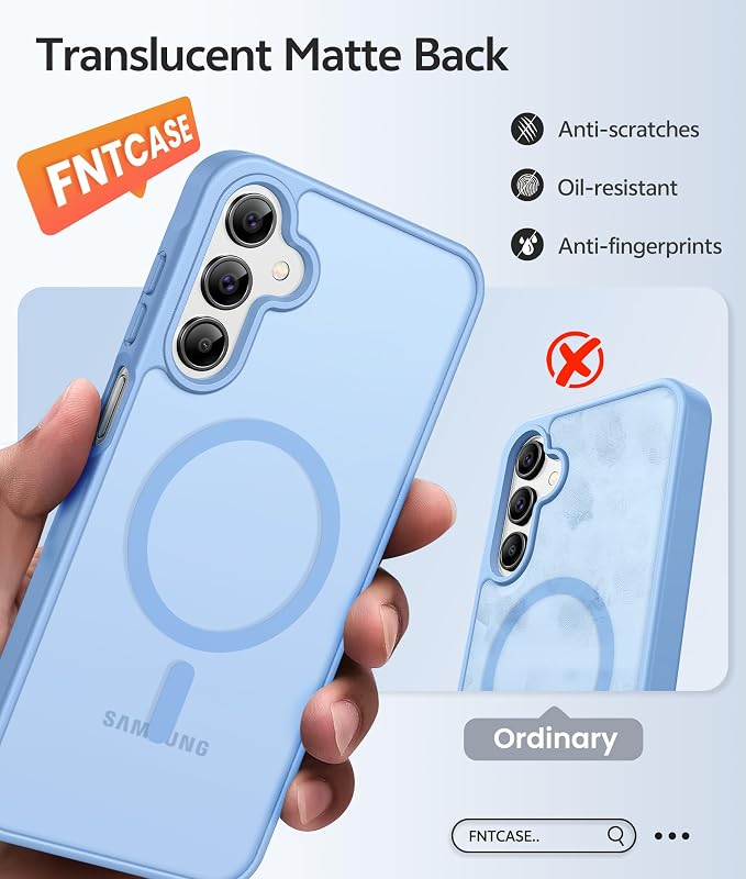 FNTCASE for Galaxy A15 5G Phone Case, Screen Protector, Light Blue | Translucent Matte Magnetic Back, 14FT Military Grade Drop Protection, Shockproof Protective, for Samsung A 15 Cover